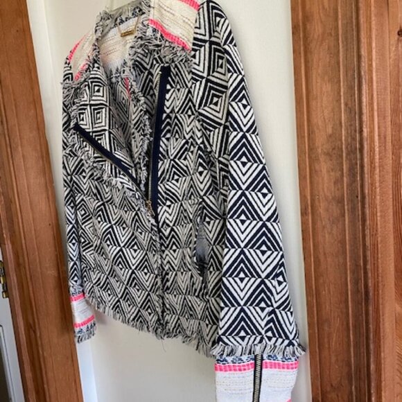 TRINA TURK Tia Rent The Runway Navy White Fringe Bomber Jacket Blazer 2 - Picture 7 of 16
